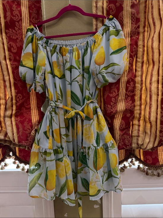 Mestiza New York Dresses & Skirts - Mestiza Off-Shoulder Lemon Print Mini Dress in Yellow and Light Blue